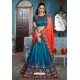 Tealblue And Red Two Tone Silk Embroidered Party Wear Saree