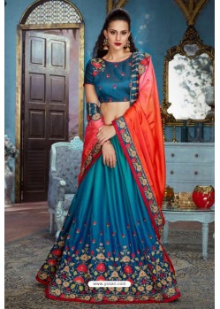 Tealblue And Red Two Tone Silk Embroidered Party Wear Saree