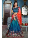 Tealblue And Red Two Tone Silk Embroidered Party Wear Saree