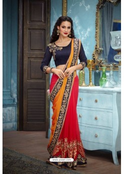 Yellow And Red Two Tone Silk Embroidered Party Wear Saree