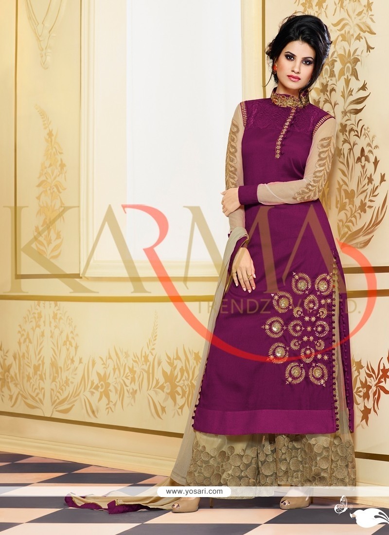 Pleasing Purple Raw Silk And Embroidery Palazzo Suit