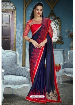 Navy And Red Two Tone Silk Embroidered Party Wear Saree