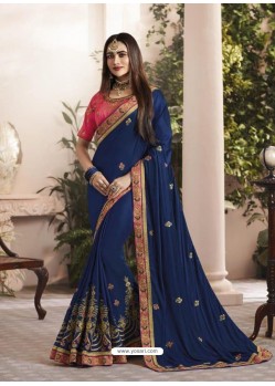 Navy Blue Silk Fancy Georgette Designer Embroidered Saree