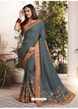 Grey Silk Fancy Georgette Designer Embroidered Saree