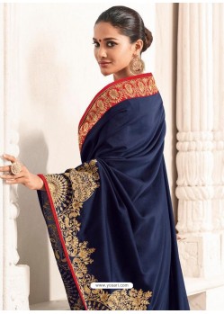 Navy Blue Two Tone Silk Embroidered Designer Saree