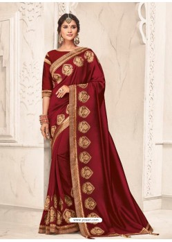 Maroon Two Tone Silk Embroidered Designer Saree