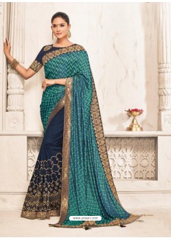 Navy And Multi Coloured Two Tone Silk Embroidered Designer Saree