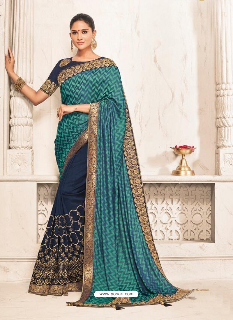 Buy Navy And Multi Coloured Two Tone Silk Embroidered Designer Saree ...