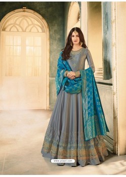 Grey Satin Georgette Stone Embroidered Anarkali Suit