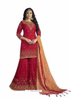 Red Embroidered Satin Georgette Palazzo Suit