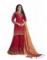 Red Embroidered Satin Georgette Palazzo Suit