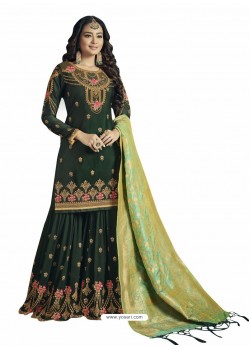 Dark Green Embroidered Satin Georgette Palazzo Suit