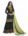 Dark Green Embroidered Satin Georgette Palazzo Suit