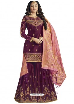 Purple Embroidered Satin Georgette Palazzo Suit