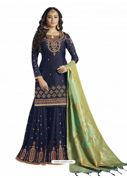 Navy Blue Embroidered Satin Georgette Palazzo Suit