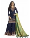 Navy Blue Embroidered Satin Georgette Palazzo Suit