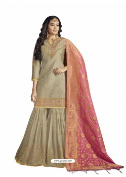 Beige Embroidered Satin Georgette Palazzo Suit