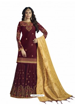 Maroon Embroidered Satin Georgette Palazzo Suit