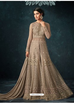 Light Brown Embroidered Net Anarkali Suit