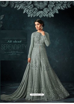 Aqua Grey Embroidered Net Anarkali Suit