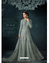 Aqua Grey Embroidered Net Anarkali Suit