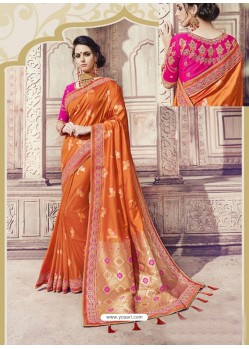 Orange Heavy Banarasi Silk Party Wear Saree