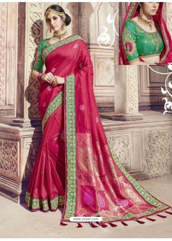 Rose Red Heavy Banarasi Silk Party Wear Saree