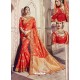 Orange Banarasi Silk Embroidered Party Wear Saree