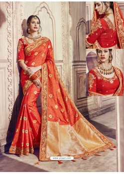 Orange Banarasi Silk Embroidered Party Wear Saree