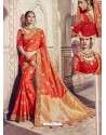 Orange Banarasi Silk Embroidered Party Wear Saree