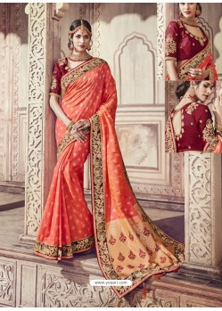 Dark Peach Heavy Banarasi Silk Party Wear Saree