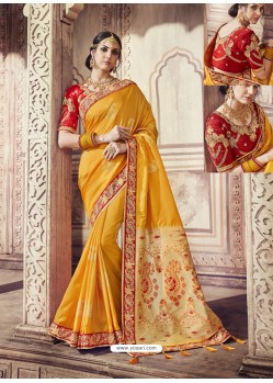 Yellow Heavy Banarasi Silk Party Wear Saree