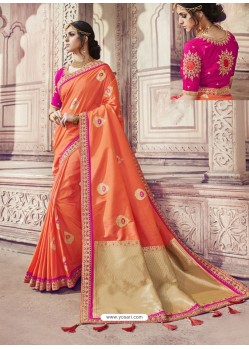 Orange Heavy Banarasi Silk Jacquard Party Wear Saree