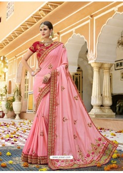 Light Pink Silk Embroidered Party Wear Saree