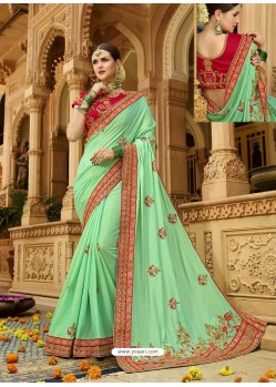 Sea Green Silk Embroidered Party Wear Saree