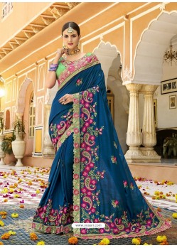 Tealblue Silk Embroidered Party Wear Saree