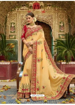 Yellow Muslin Dyed Embroidered Party Wear Saree