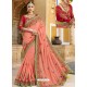 Peach Muslin Dyed Embroidered Party Wear Saree