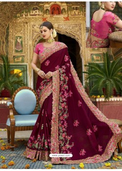Maroon Silk Embroidered Party Wear Saree
