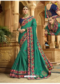 Teal Silk Embroidered Party Wear Saree