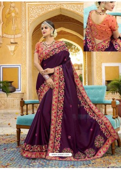 Purple Silk Embroidered Designer Party Wear Saree