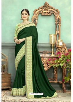 Dark Green Chanderi Silk Embroidered Designer Saree