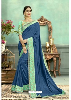 Peacock Blue Chanderi Silk Embroidered Designer Saree