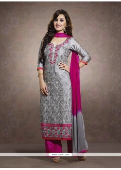 Awesome Grey Embroidery Chanderi Salwar Suit
