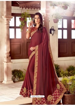 Maroon Silk Satin Thread Embroidered Designer Saree