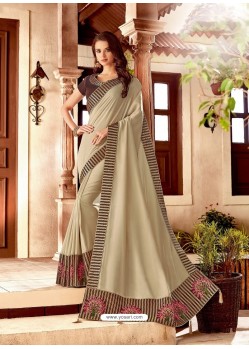 Taupe Silk Satin Thread Embroidered Designer Saree