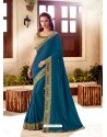 Tealblue Soft Silk Thread Embroidered Designer Saree