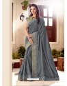 Grey Soft Silk Thread Embroidered Designer Saree