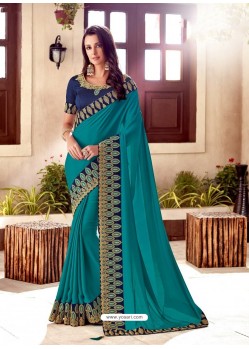 Turquoise Silk Satin Thread Embroidered Designer Saree
