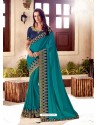 Turquoise Silk Satin Thread Embroidered Designer Saree